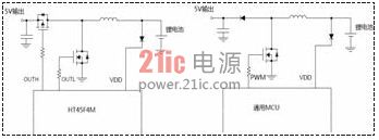 图1 HT45F4M同步Boost与通用MCU二极管续流Boost对比