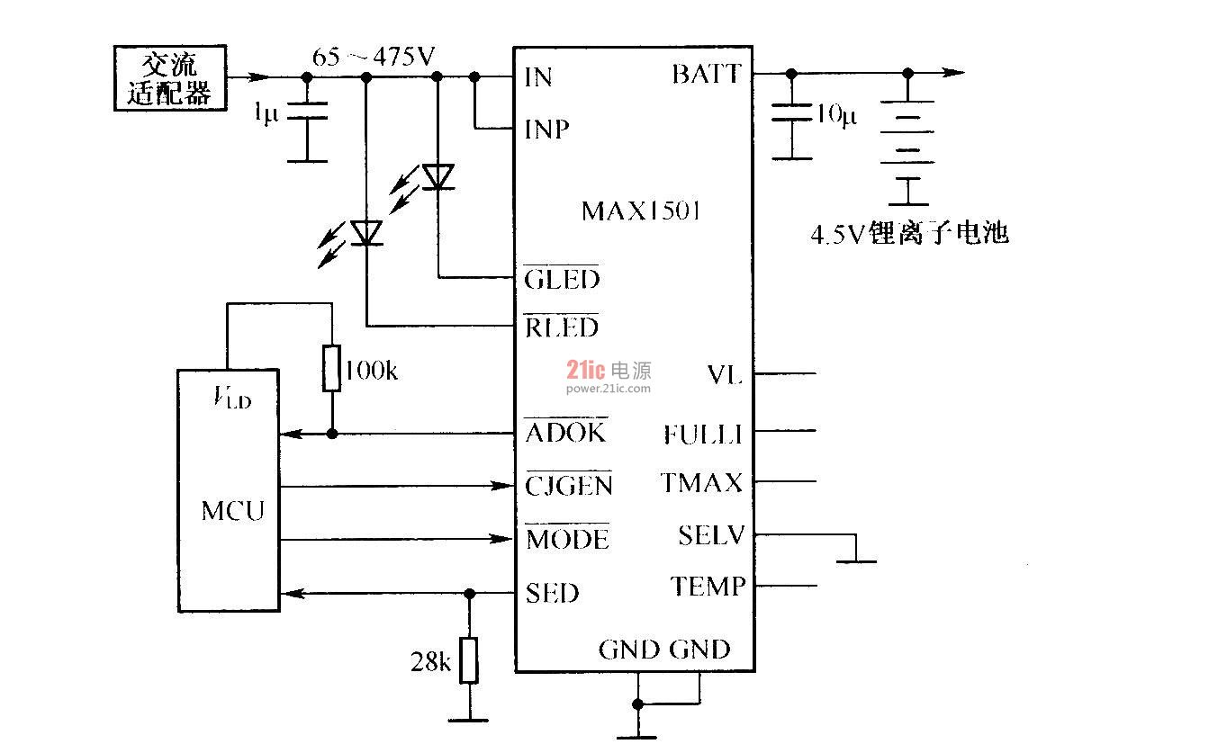 用MAX1501组成的充电器电路 充电电路图