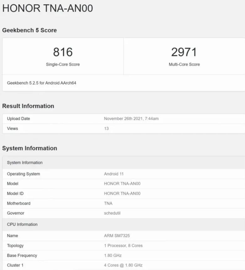 荣耀60现身跑分库：骁龙778G+芯片 Android 11系统 12GB内存
