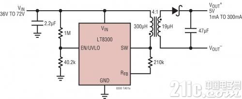 图 1:具主端输出电压检测的 LT8300 反激式转换器