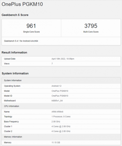 疑似一加Ace现身GeekBench：搭载天玑8100+12GB内存