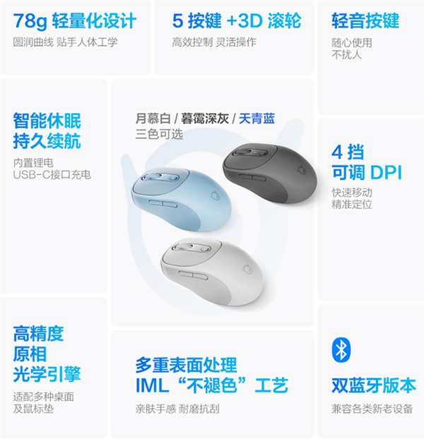 联想小新蓝牙无线鼠标Plus发布：59元 内置锂电