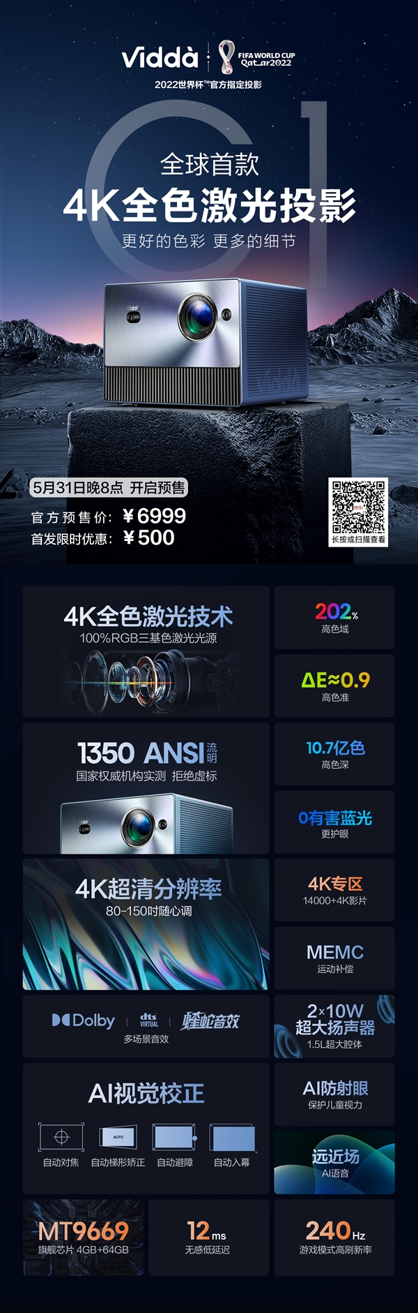 6999元！一图看懂全球首款4K全色激光投影：智能校正系统、对有害蓝光“清零”
