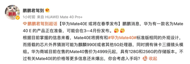 还有芯片？华为Mate 40E曝光：搭载麒麟990E