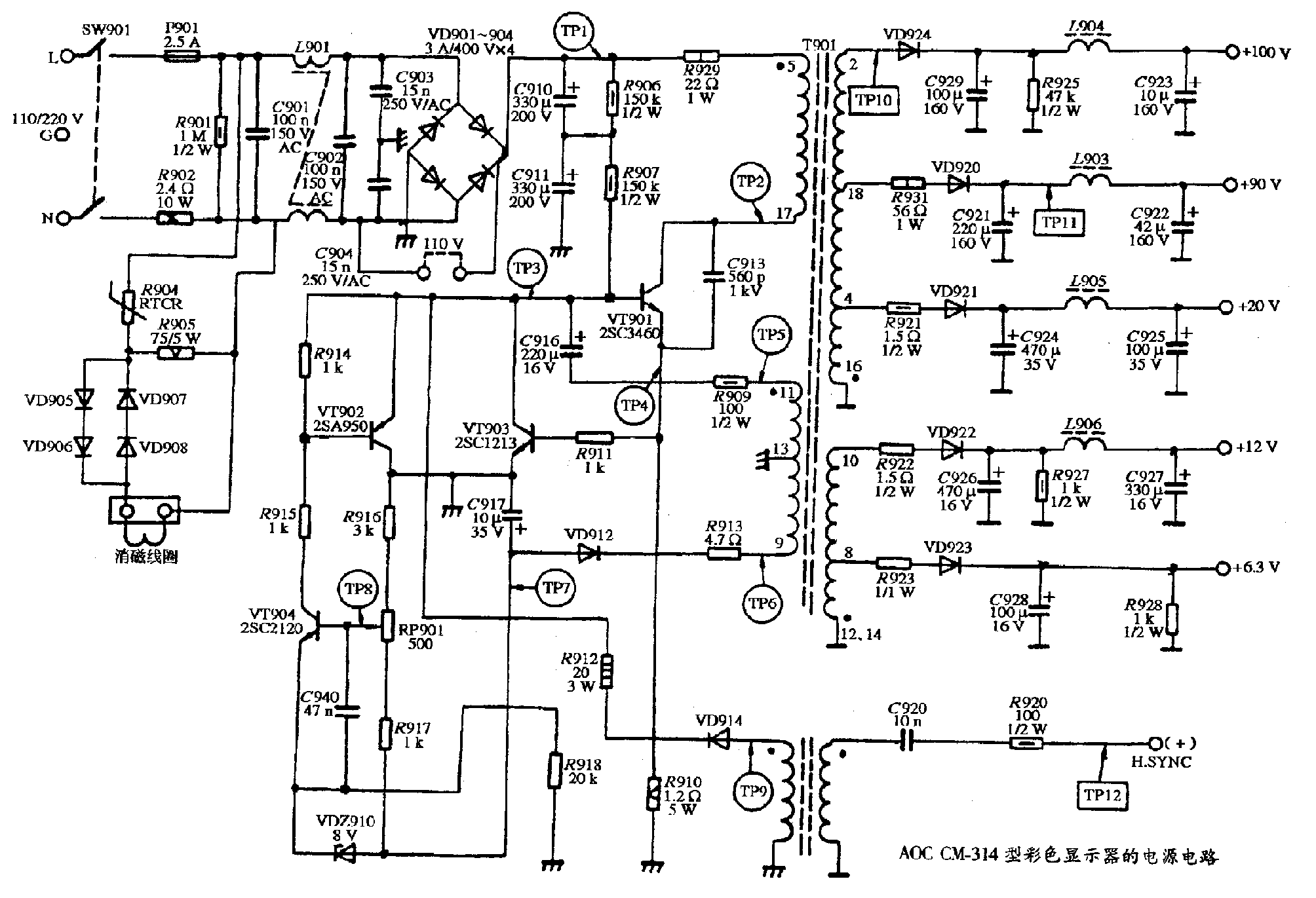 AOC CM-314型彩色显示器的电源电路图