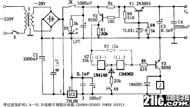 带过流保护的1.8~35.3V连续可调稳压电源,CD4069+2N3055 POWER SUPPLY