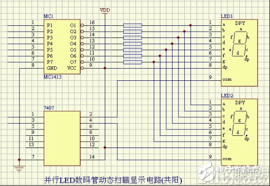 并行LED数码管动态扫描显示电路(共阳)