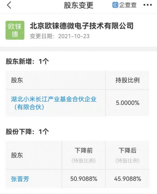 小米投资欧铼德，后者为OLED显示驱动芯片研发商