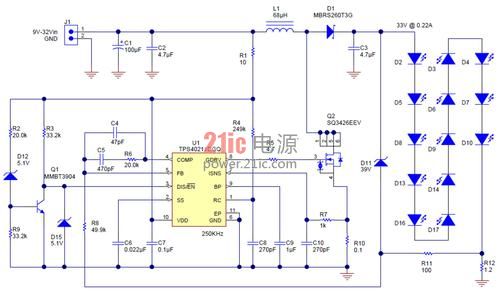 图 2.LED 升压转换器设计示例始终在 CCM 下工作，负载恒定