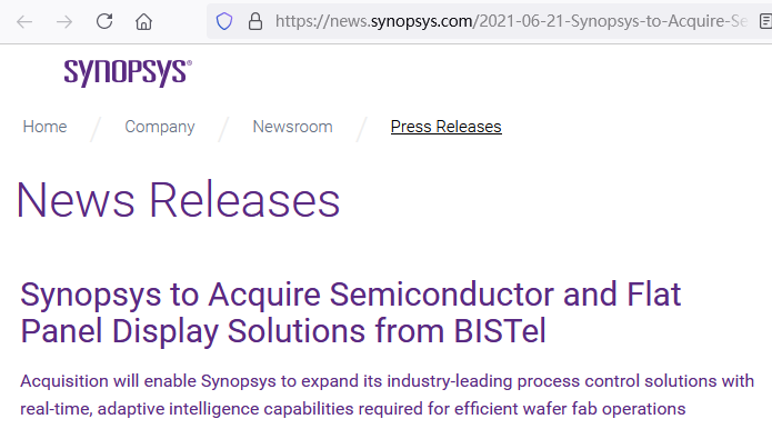 Synopsys将收购BISTel的半导体和平板显示器解决方案