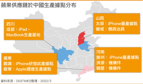 苹果供应链於国内生产据点分布