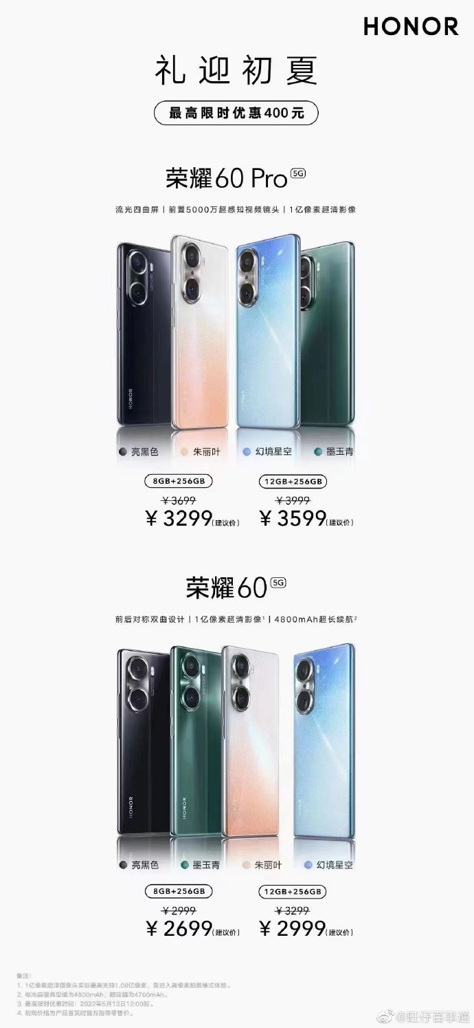 2699 元起,荣耀 60 / Pro 系列最高降价 400 元,预示荣耀 70 / Pro 系列即将到来