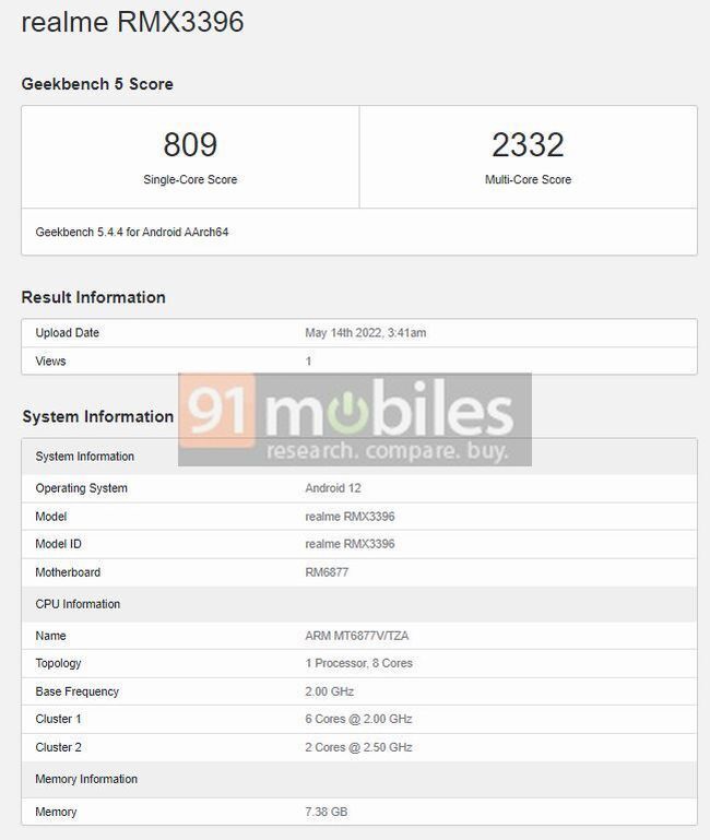 realme Narzo 50 Pro 5G 现身 Geekbench,搭载天玑 920 芯片