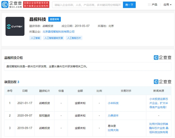 小米入股芯片研发商晶视智能:成为第一大股东