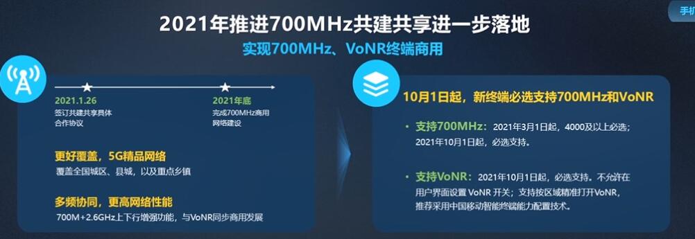 中国移动：10 月 1 日起 5G 新手机必选支持 700MHz 和 VoNR