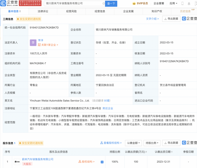 蔚来汽车于银川成立新公司 经营范围含代驾服务