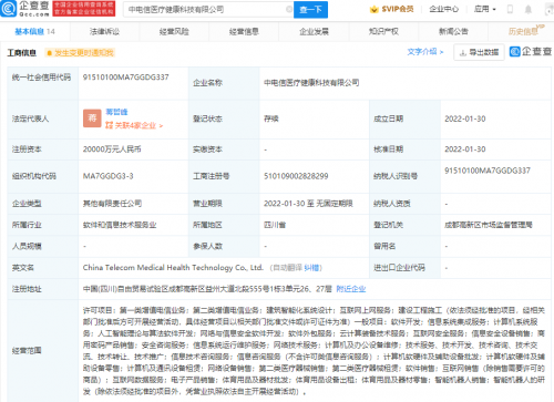 中国电信投资成立医疗健康科技公司，注册资本2亿元