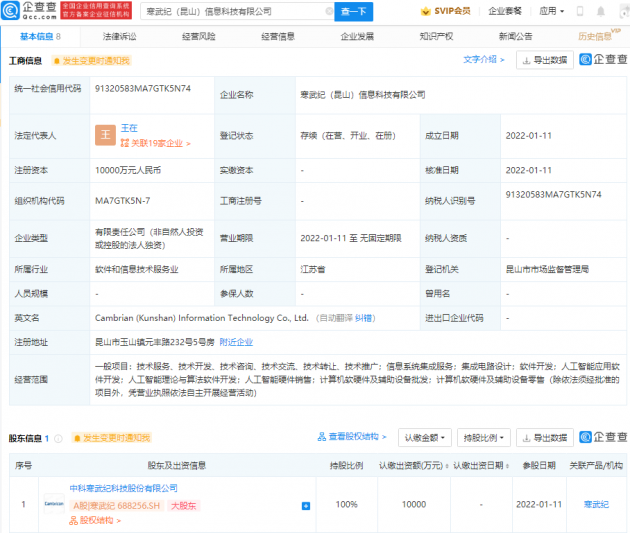 寒武纪1亿元成立信息科技公司，经营范围含集成电路设计
