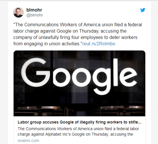 违反公司政策而被解雇！ CWA：Google不公平解雇工会员工