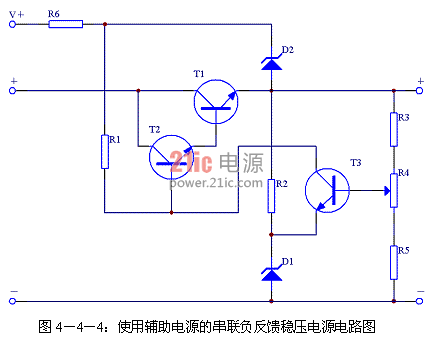 图4-4-4:使用辅助电源的串联负反馈稳压电源电路图