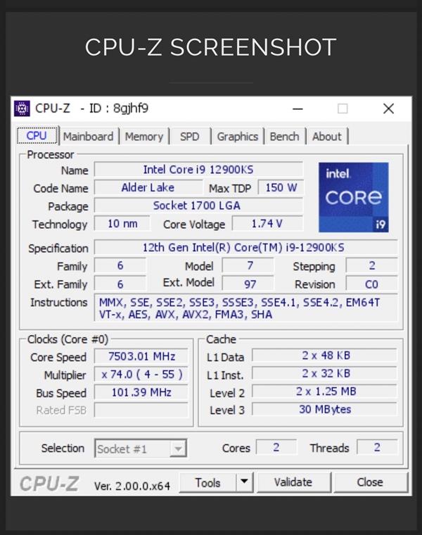Intel i9-12900KS超频破7.5GHz！只开2个核心