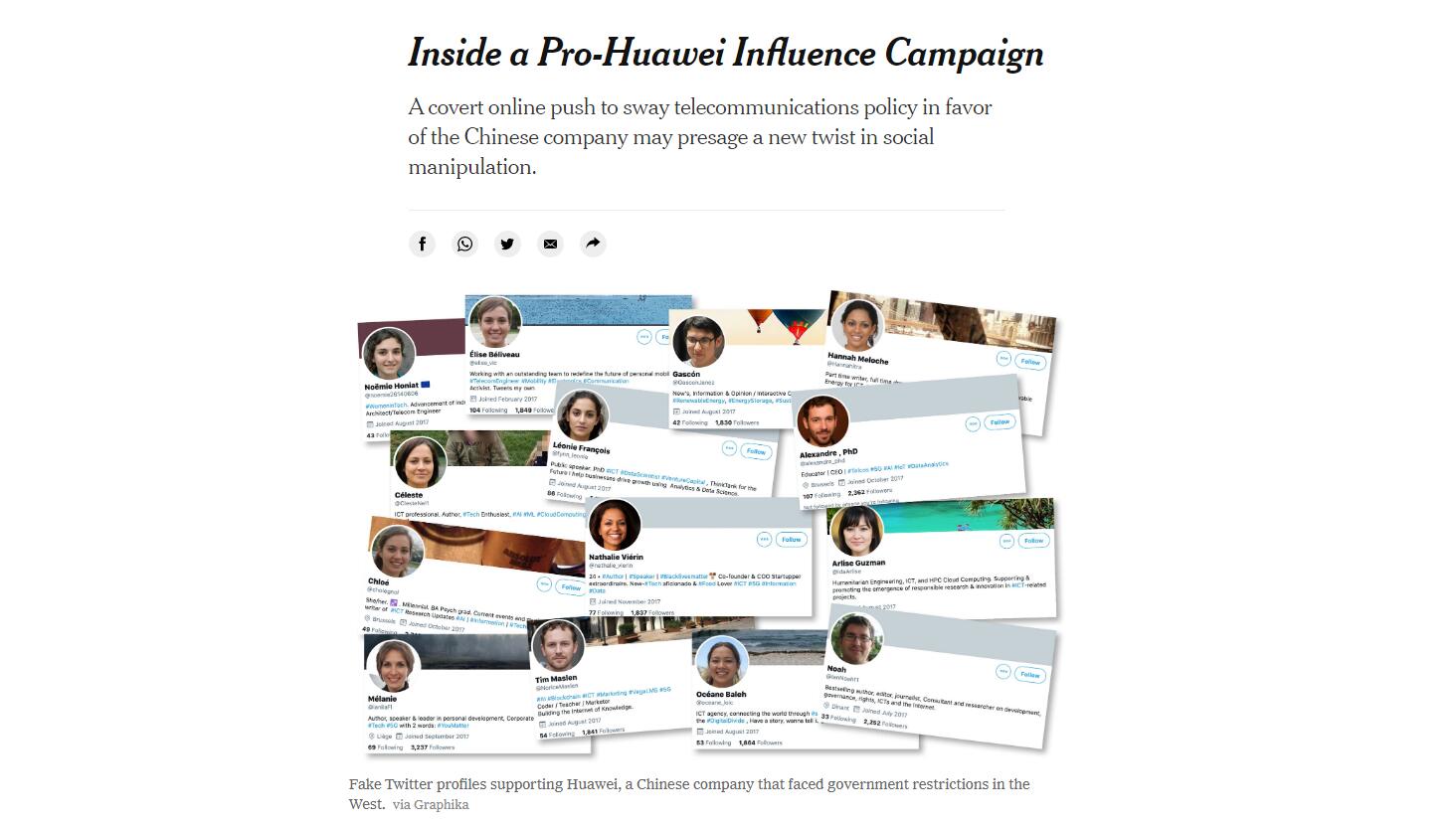 华为新麻烦，外媒指控其利用虚假社交媒体账号影响西方国家政策制定