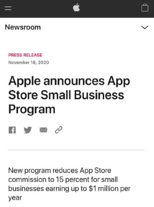 为帮⼩型企业度过难关 App Store“苹果税”降到15%
