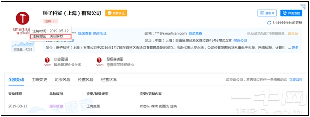 锤子上海分公司注销,原因是决议解散