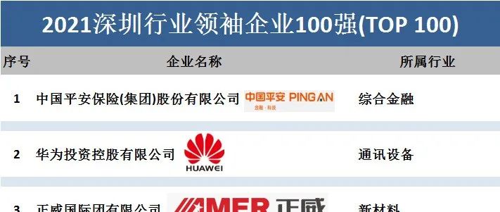 2021深圳行业领袖企业100强(TOP 100)