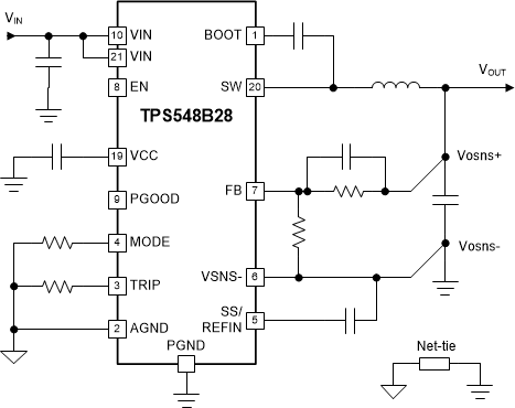 TPS548B28是2.7V 至 16V 输入、20A 同步降压转换器，具有远程检测和打嗝电流限制