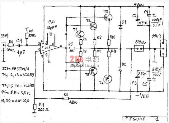 图1:1个运放和6个小功率晶体管的电路代替一个运放加上两个带或不带散热器的更大功率晶体管组成的电路。
