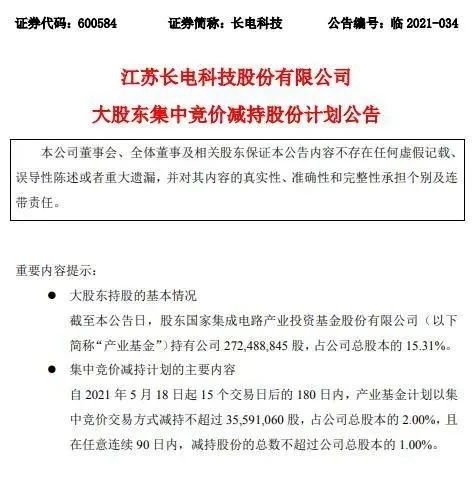 突发！630亿封测巨头遭“大基金”大幅减持