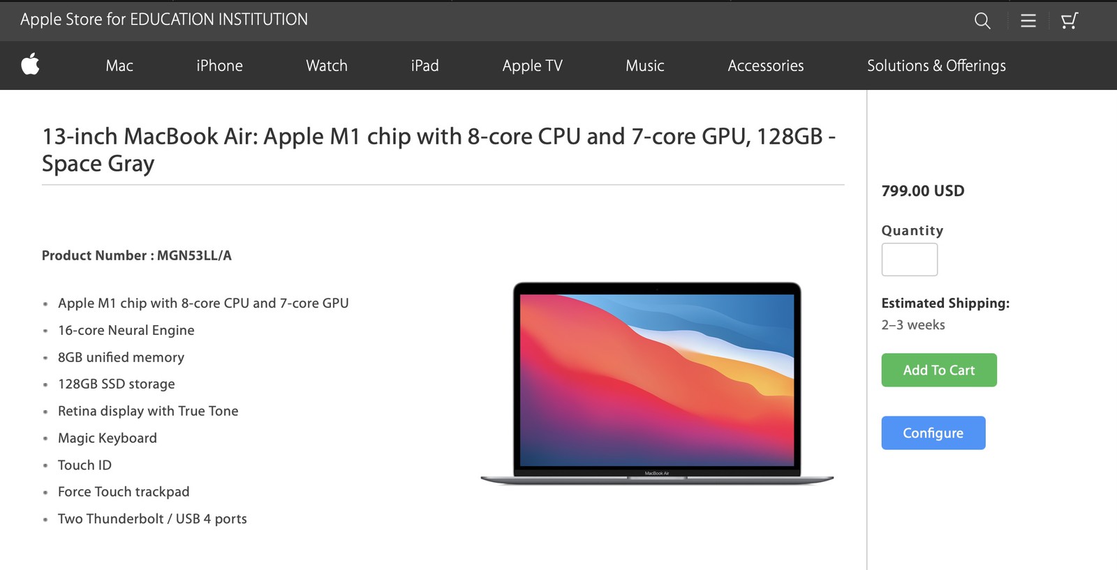 仅128GB储存M1 MacBook Air现身教育机构页面
