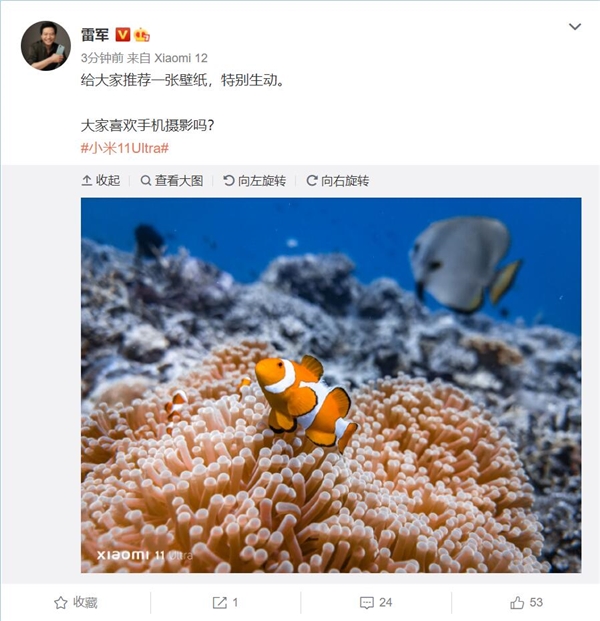 小米11 Ultra拍摄！雷军力荐一张壁纸：画面栩栩如生