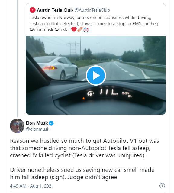马斯克谈为何发布Autopilot：车主睡着撞死骑车人