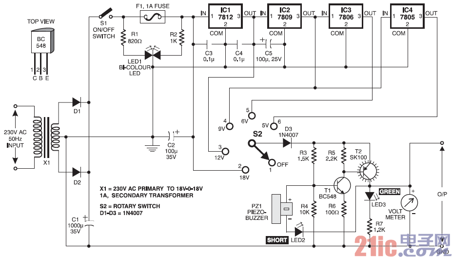 4输出级(5V/6V/9V/12V)直流稳压电源电路图