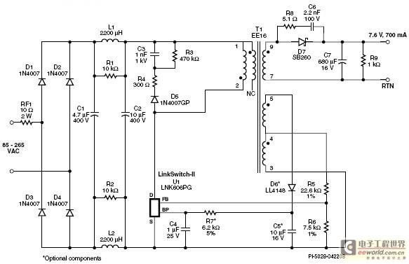高效率7.6 V 700 mA隔离式LED驱动器设计