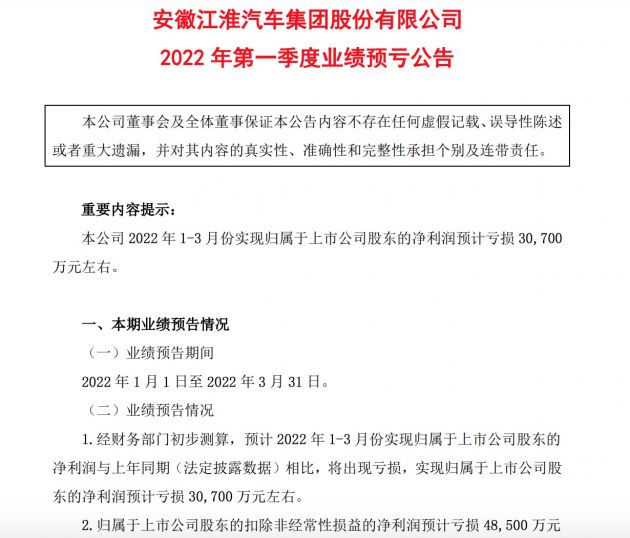 江淮汽车：受疫情和芯片短缺影响 Q1预亏3.07亿元