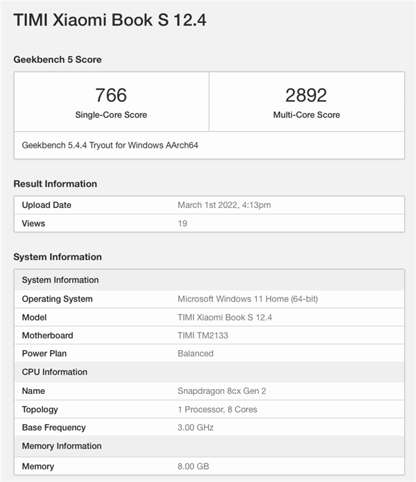 小米笔记本S 12.4曝光：搭载骁龙8cx Gen2 Win11系统