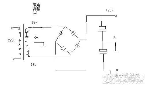 不用两个整流桥。用一个即可,把2个18伏交流接到整流桥的交流输入端,把变压器抽头0伏接地线(线路板的地线),整流桥直流输出+ -端接电容器滤波,电容器2个串联之后正极接整流桥正极+,电容器负极接整流桥负极-,2个串联的电容器中间引出一根线接地线,也就是双18伏交流的抽头。这样就可以在直流输出端得到正负20伏的双电源了。