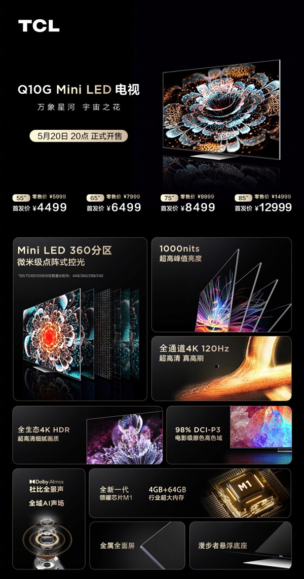 TCL Q10G Mini LED电视开售:1000尼特亮度 首发直降2000元