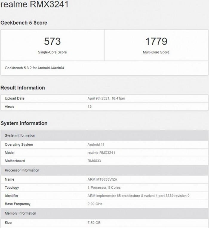Geekbench曝光Realme 8 5G型号的主要规格