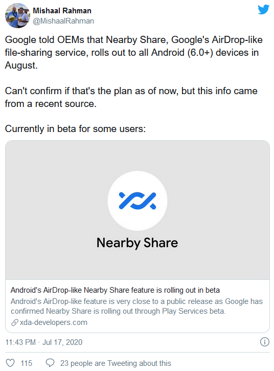 谷歌可能在8月推出Android 6.0以上设备的Nearby Share特性