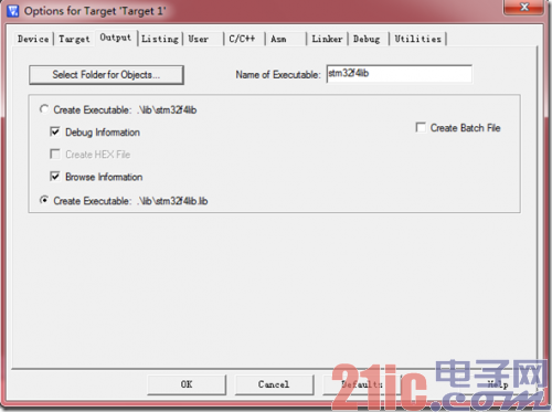 工程选项中设置输出,选择输出lib到目录E:学习ARM库stm32f4-2lib