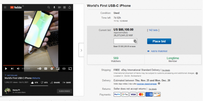 带有USB-C接口的iPhone X改装版在eBay出售 出价已经抬升到85000美元