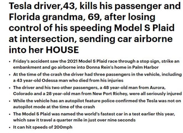 特斯拉Model S Plaid超速失控"飞"入民宅两死三重伤 Autopilot没被激活