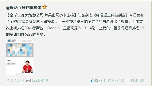 全球50大智慧公司排名：小米特斯拉上榜 华为苹果“脑残”？