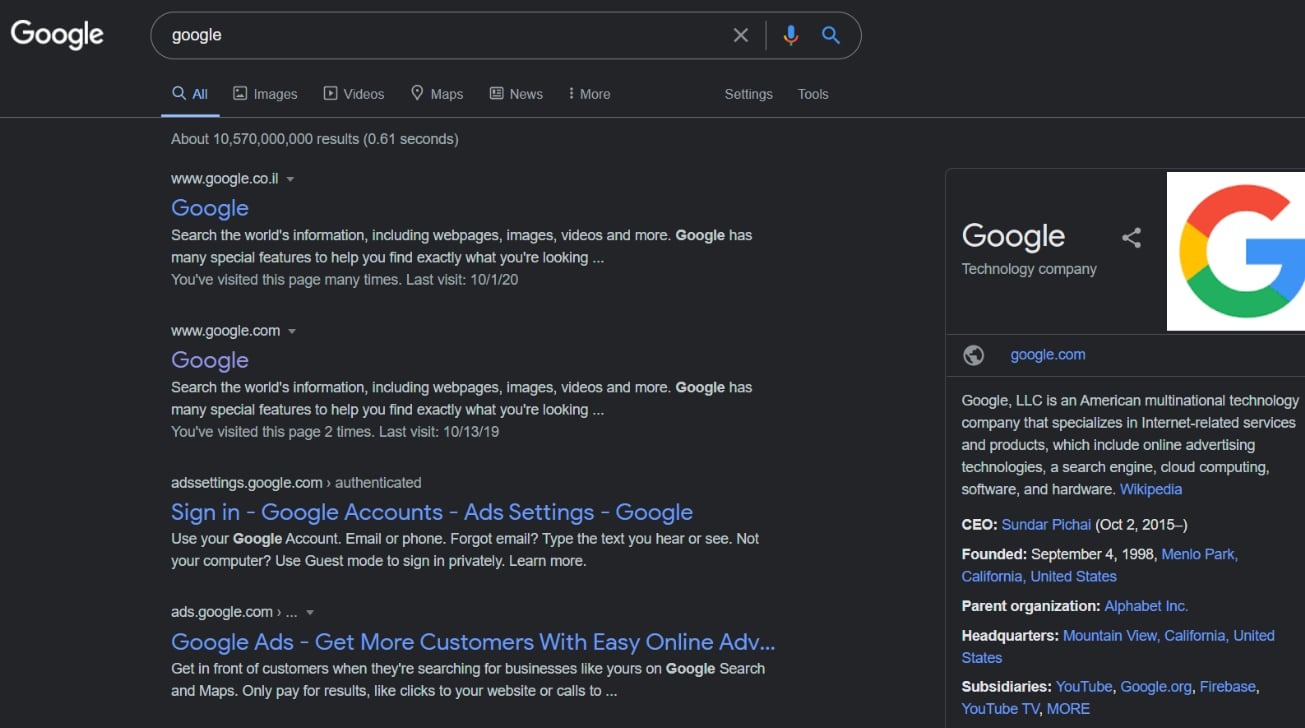 Google桌面浏览器搜索结果页面或添加深色模式