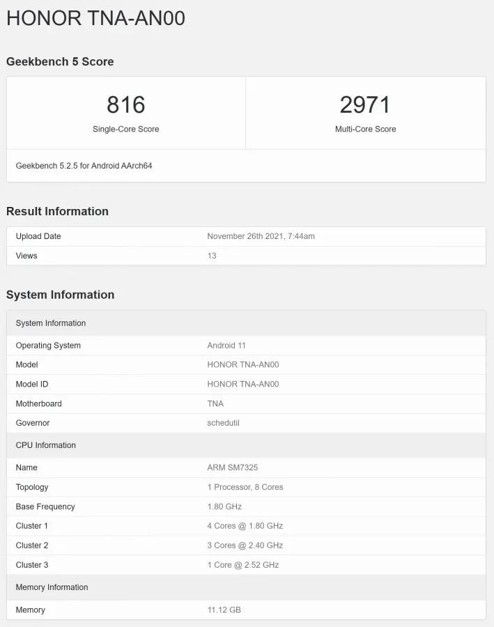 荣耀60现跑分库：骁龙778G+芯片 Android 11系统 12GB内存