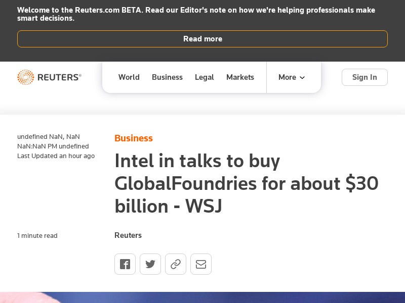 英特尔正考虑收购GlobalFoundries，估值300亿美元